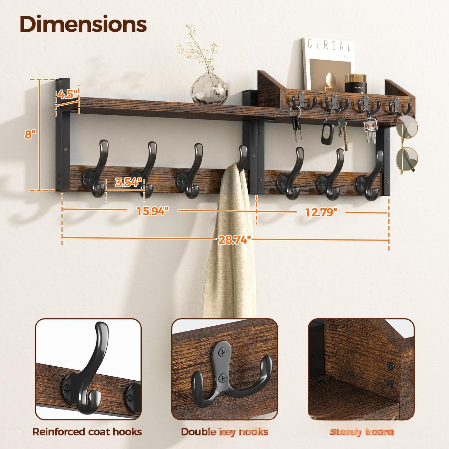 Wooden wall-mounted entryway rack shot straight-on in soft natural daylight
