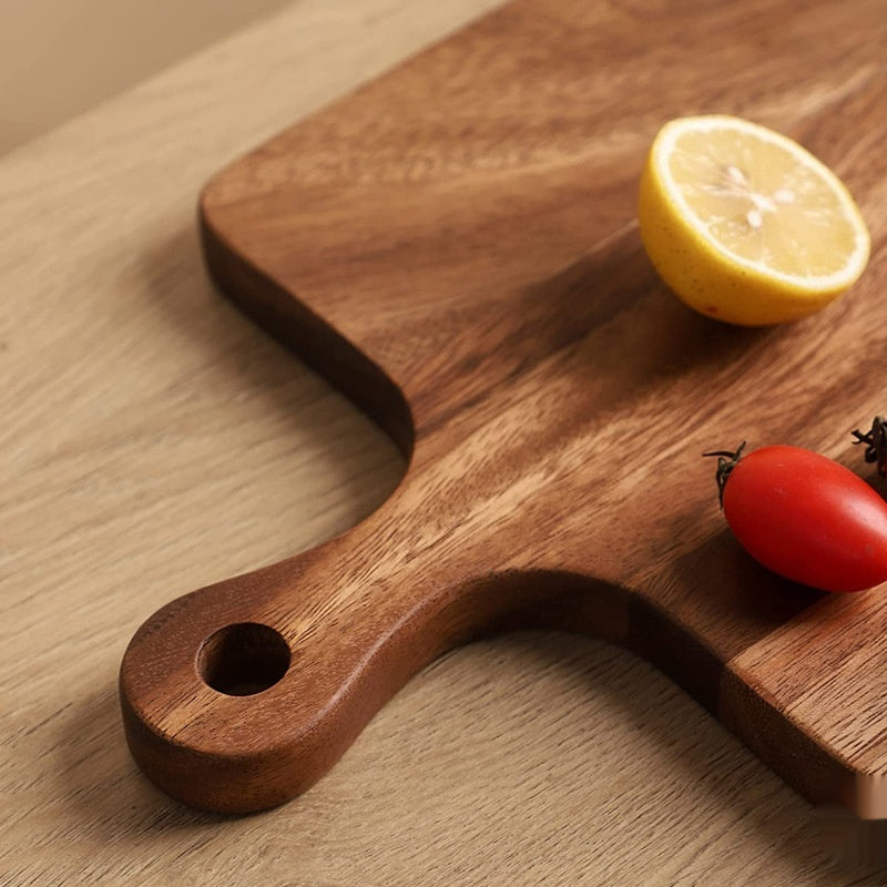 Edge profile of the acacia cutting board showing thickness and finished sides