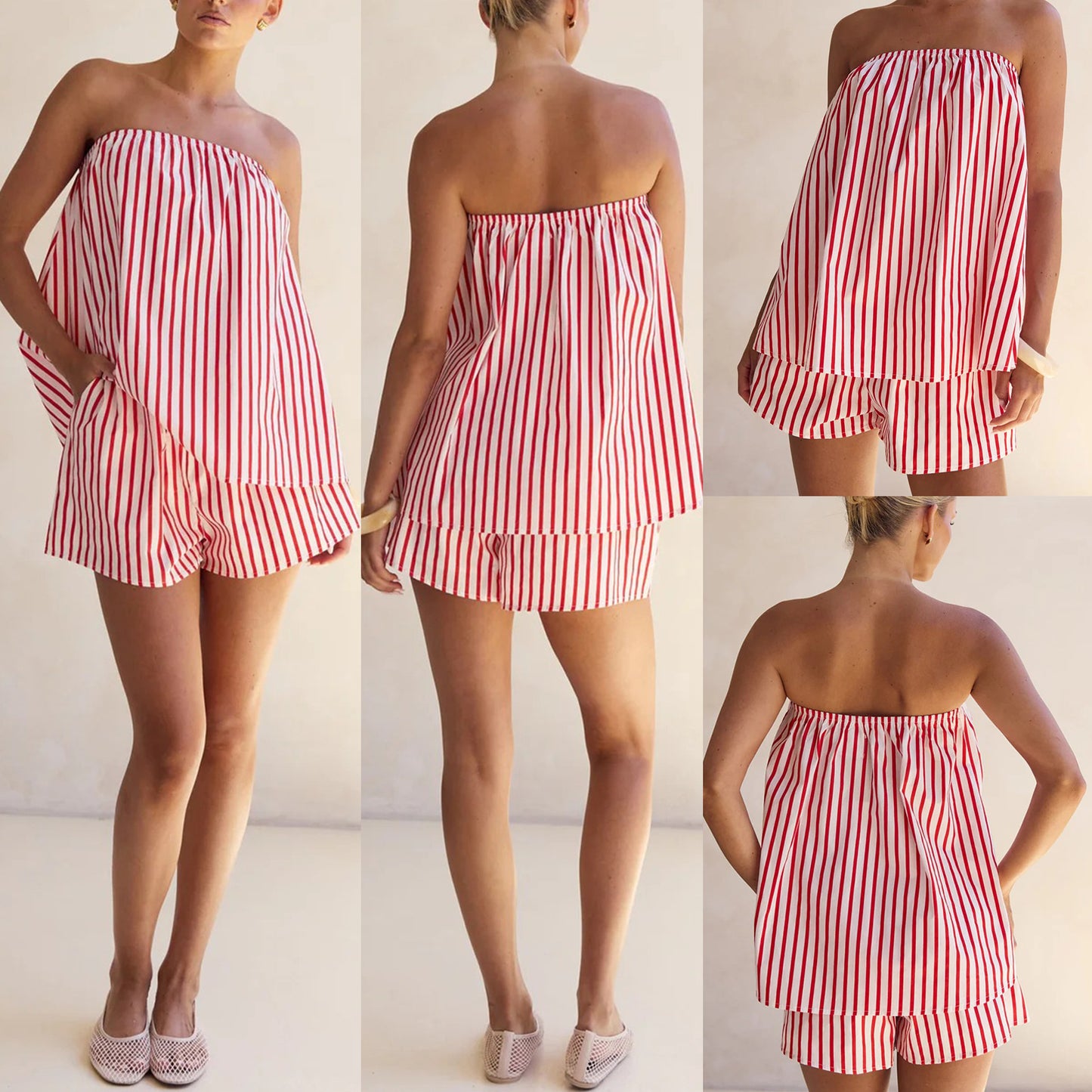 Back view of the two-piece striped set showing straight neckline and shorts fit