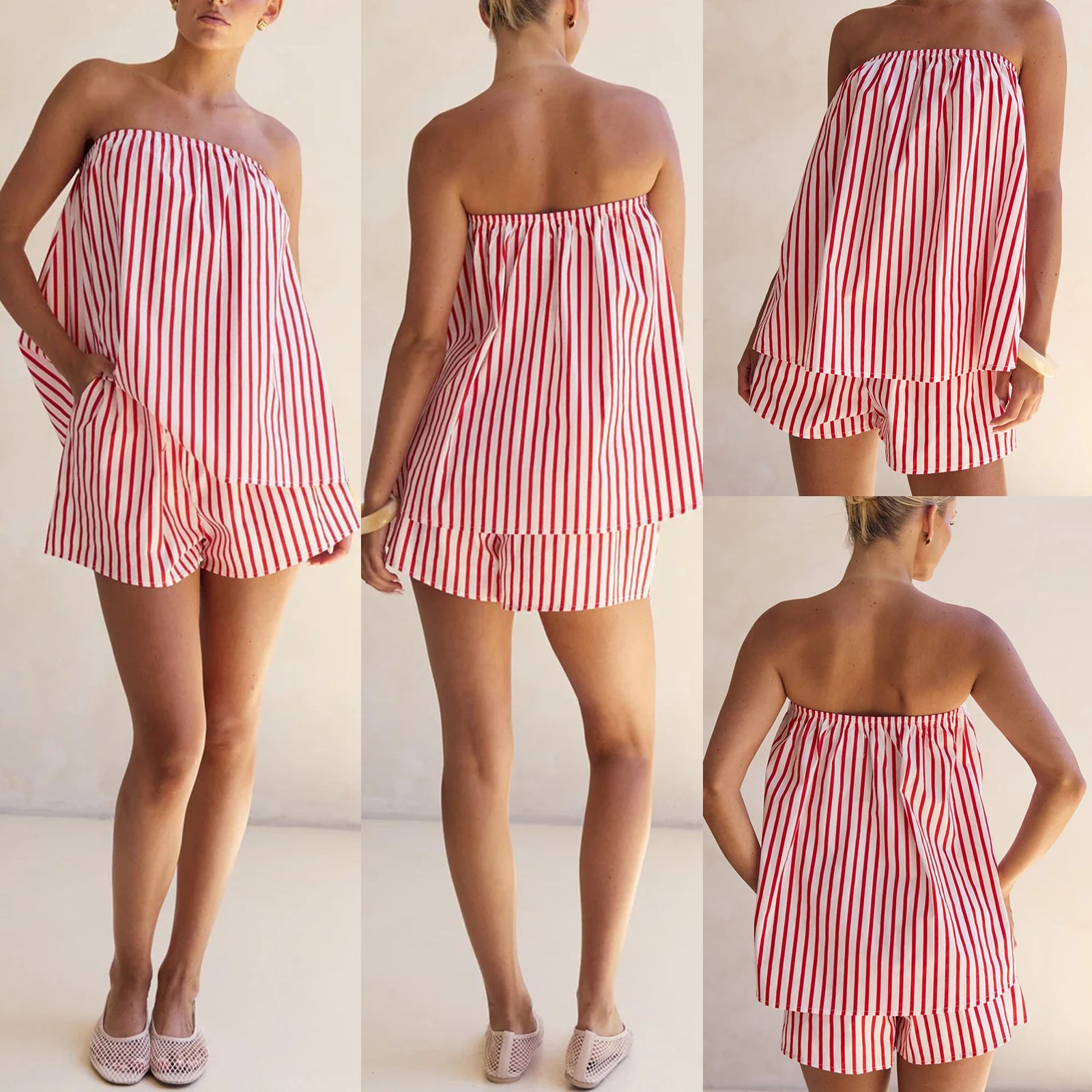 Back view of the two-piece striped set showing straight neckline and shorts fit