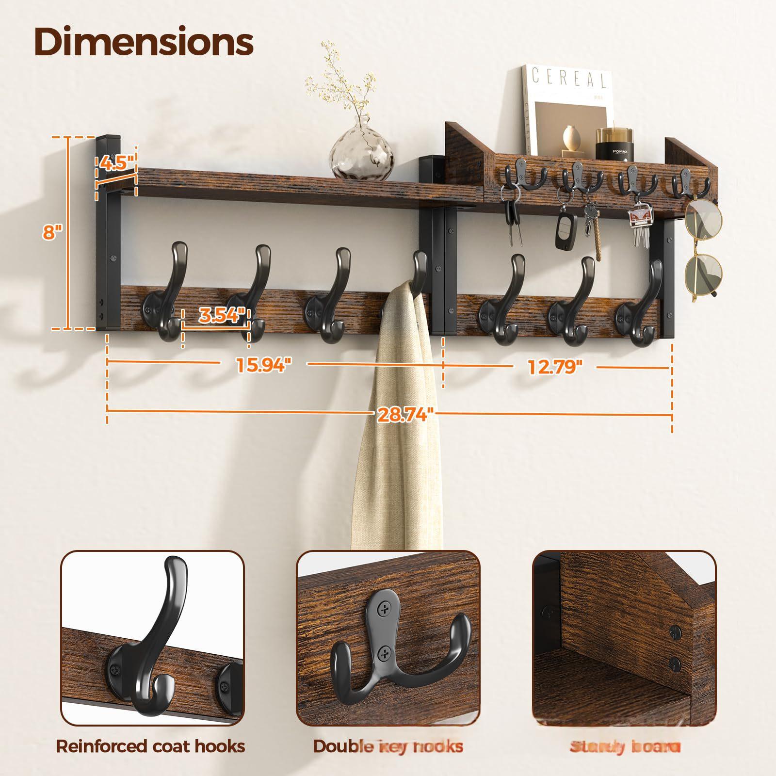 Wooden wall-mounted entryway rack shot straight-on in soft natural daylight