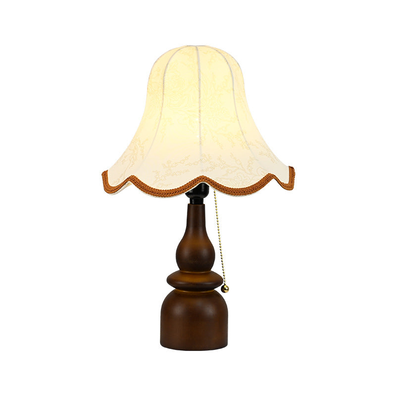 Warm glow from the vintage table lamp falling across a bedroom wall