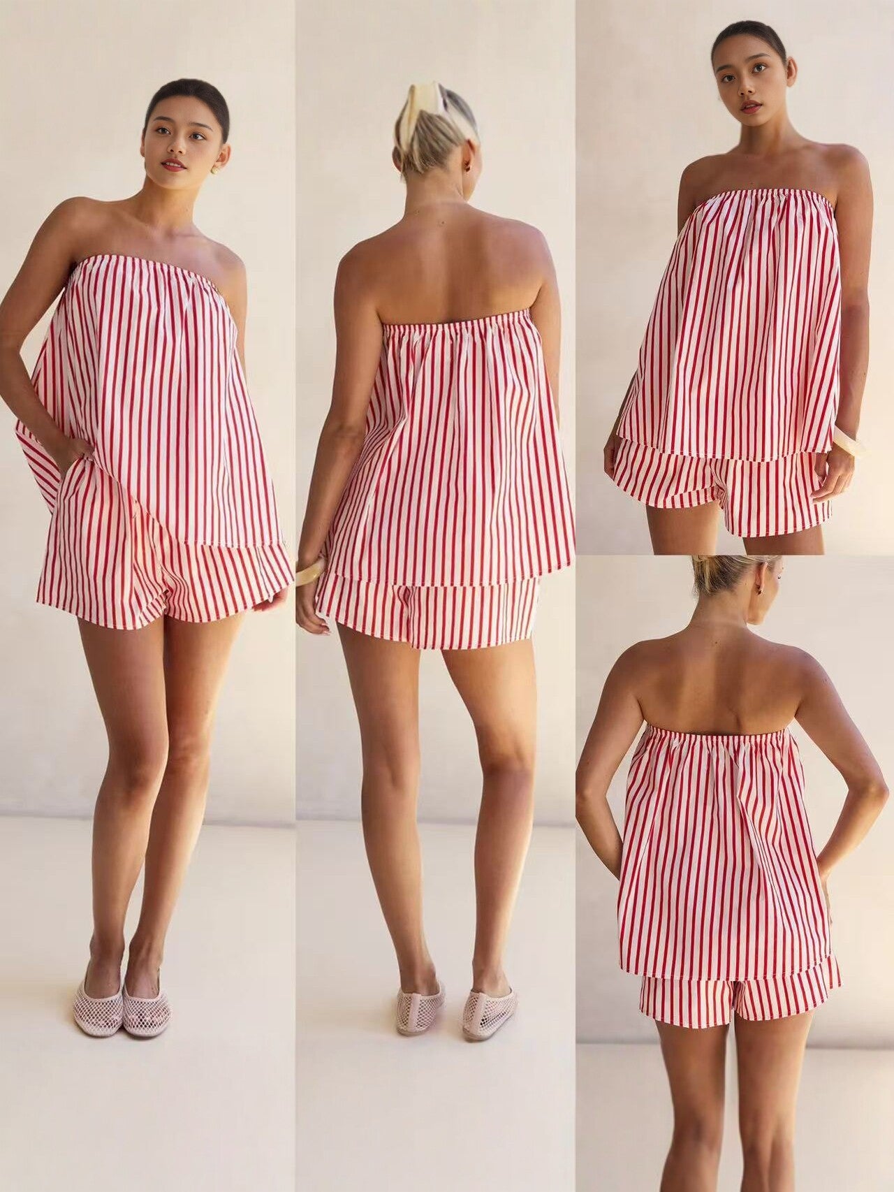 Styled look showing the striped set worn as separates with a layered top