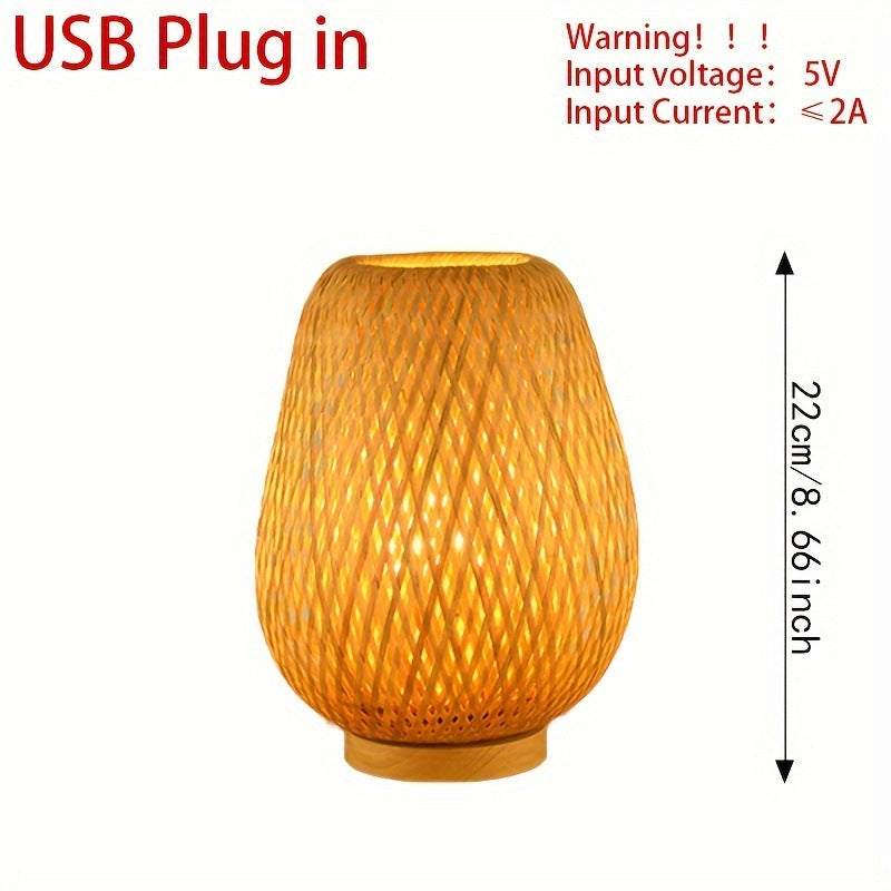Japanese-style Zen dimmable desk lamp glowing warmly on a dark wood nightstand at dusk