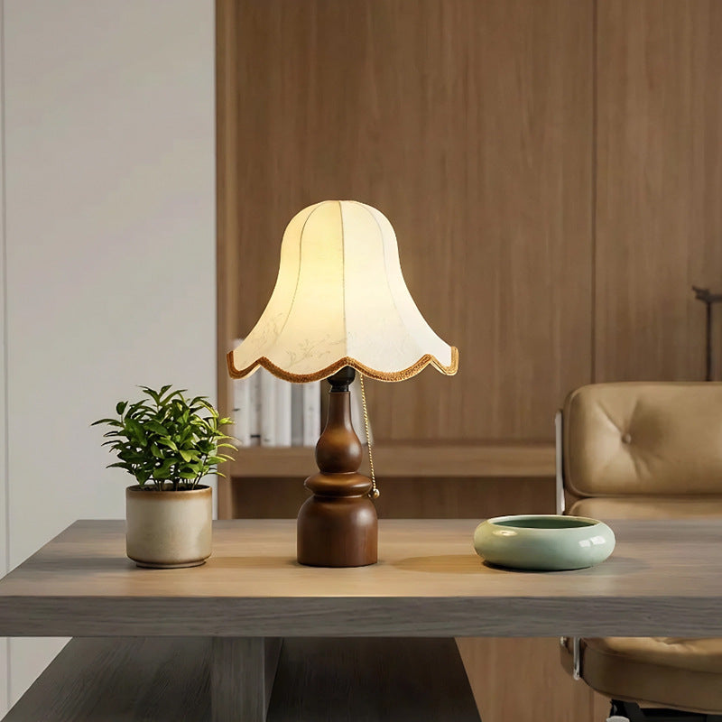 Close-up of the lamp's curved French-inspired base and shade