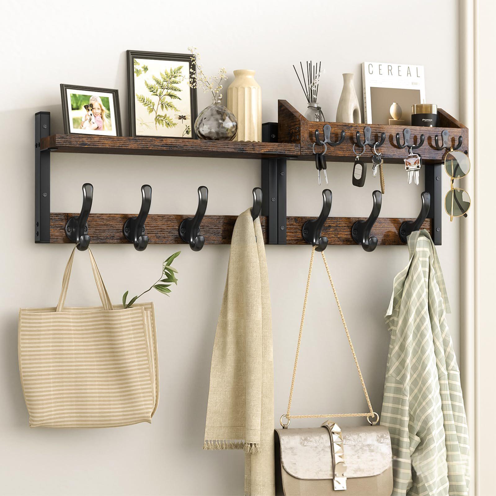 Wooden rack above a tidy desk holding filed papers and small supplies