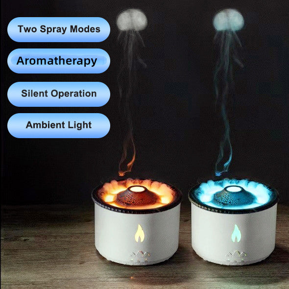 Volcano flame ultrasonic essential oil diffuser glowing warm on a dim bedside table, jellyfish-shaped mist rising in the low light